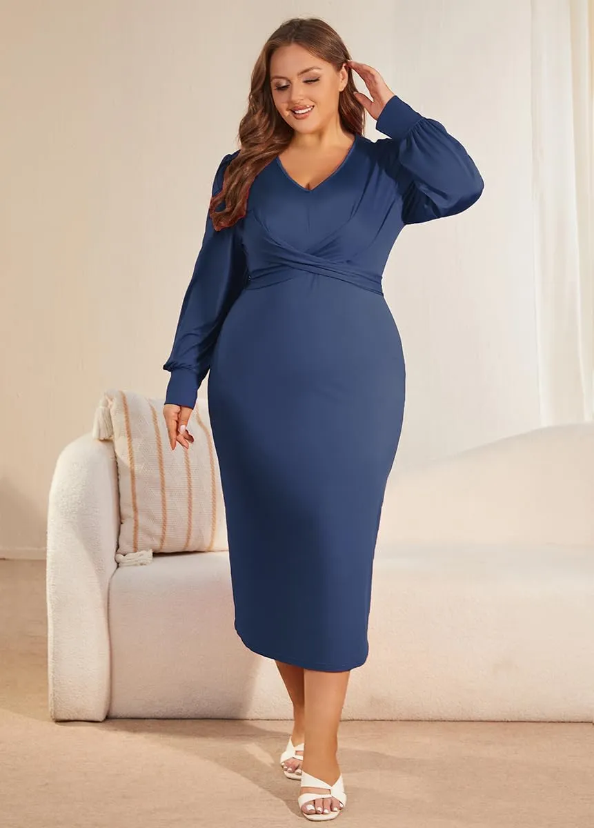 WUSENST Women's Long Sleeve Dress Casual V Neck Dresses Twist Waist Bodycon Cocktail Party Dress