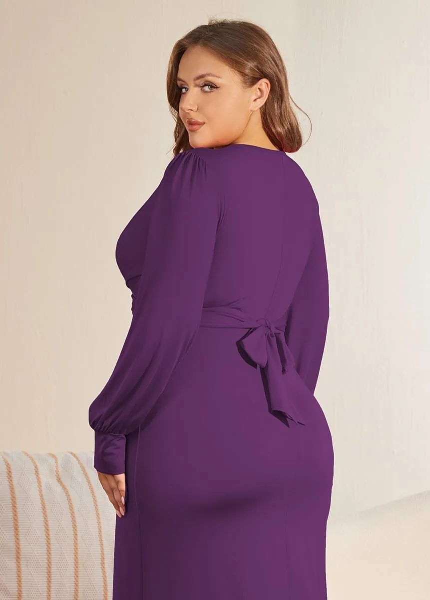 WUSENST Women's Long Sleeve Dress Casual V Neck Dresses Twist Waist Bodycon Cocktail Party Dress