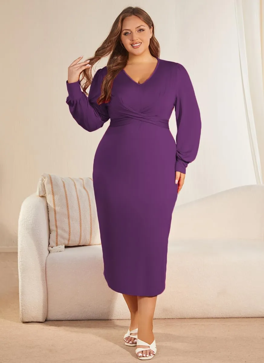 WUSENST Women's Long Sleeve Dress Casual V Neck Dresses Twist Waist Bodycon Cocktail Party Dress