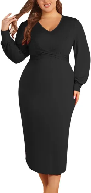 WUSENST Women's Long Sleeve Dress Casual V Neck Dresses Twist Waist Bodycon Cocktail Party Dress