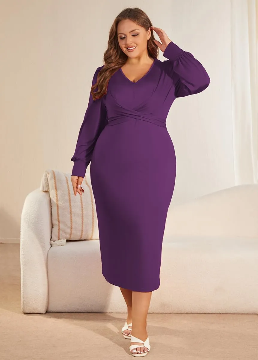 WUSENST Women's Long Sleeve Dress Casual V Neck Dresses Twist Waist Bodycon Cocktail Party Dress