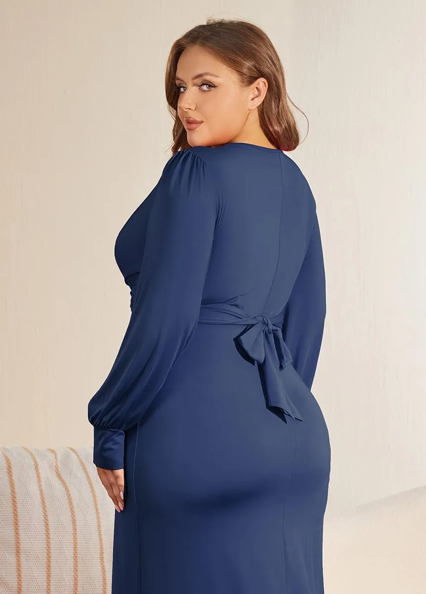WUSENST Women's Long Sleeve Dress Casual V Neck Dresses Twist Waist Bodycon Cocktail Party Dress
