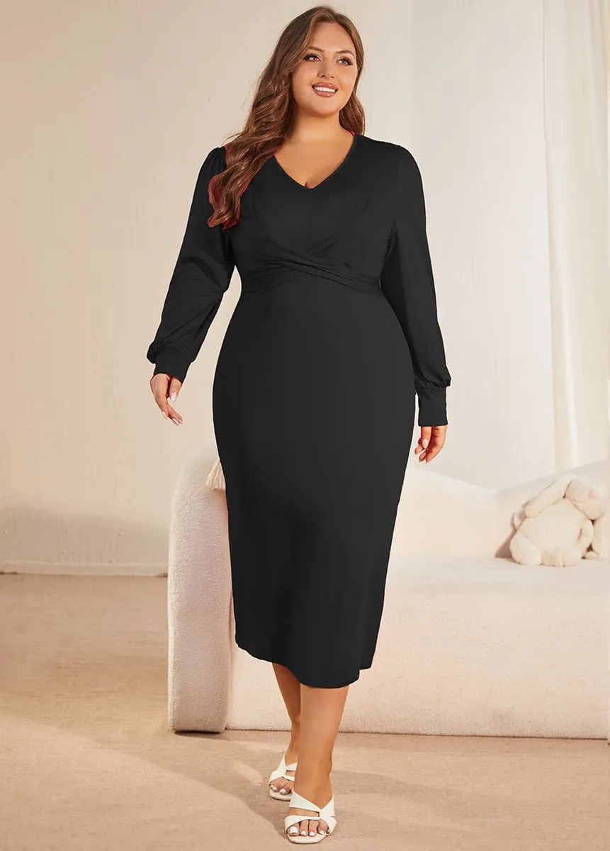 WUSENST Women's Long Sleeve Dress Casual V Neck Dresses Twist Waist Bodycon Cocktail Party Dress