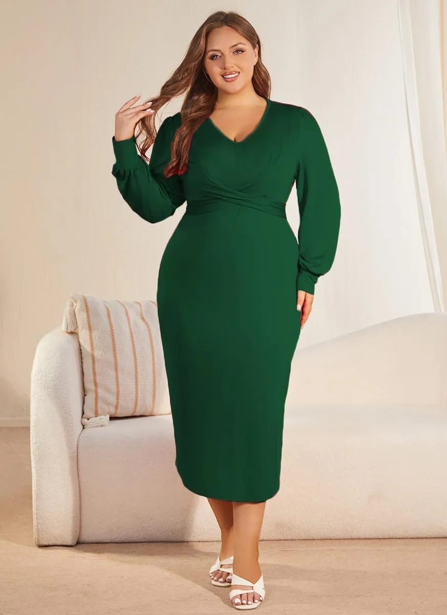 WUSENST Women's Long Sleeve Dress Casual V Neck Dresses Twist Waist Bodycon Cocktail Party Dress