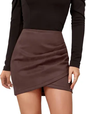 XOWRTE Mini Skirt Women's Sexy Faux Suede Short Skirt High Waist Tight Pencil Skirt Plain Leather Skirt Irregular A-line