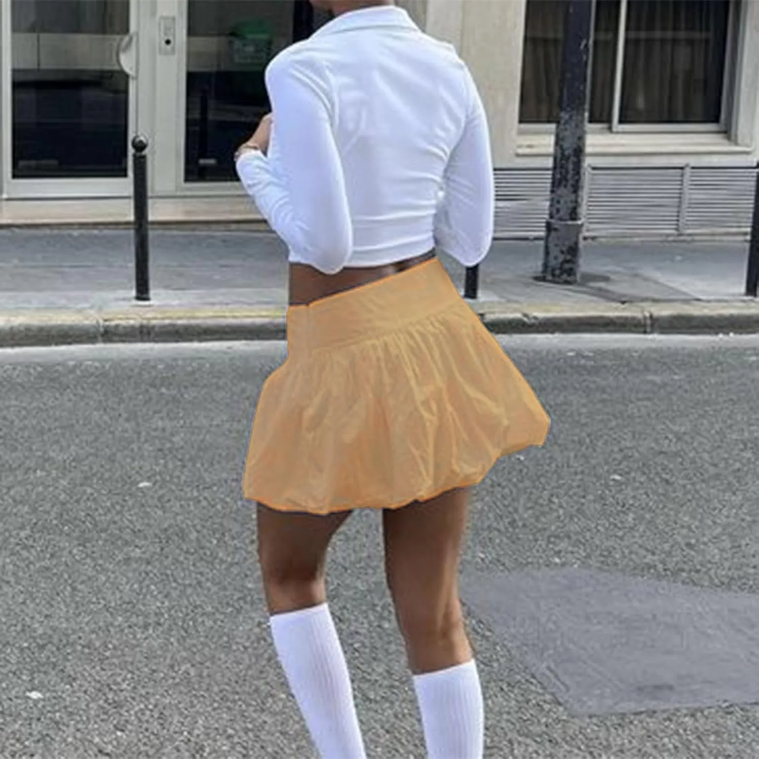 Y2k Bubble Mini Skirt Women Pleated Ruffle Hem High Elastic Waist Short Skirt Aline Balloon Puffy Beach Mini Skirt
