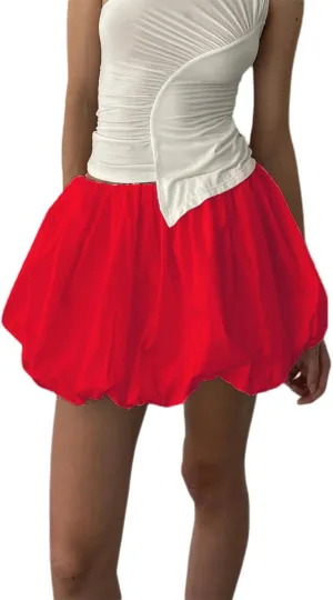 Y2k Bubble Mini Skirt Women Pleated Ruffle Hem High Elastic Waist Short Skirt Aline Balloon Puffy Beach Mini Skirt