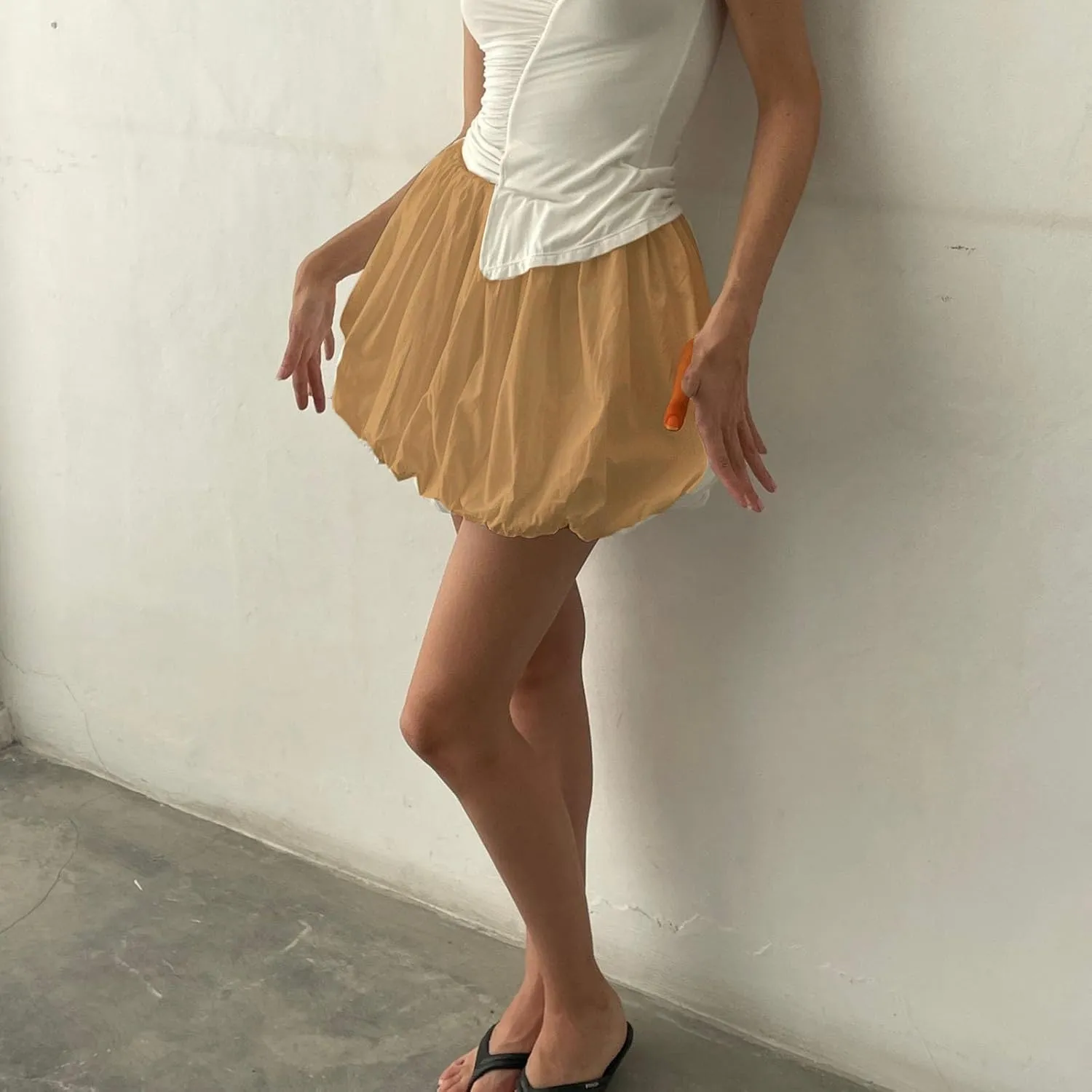 Y2k Bubble Mini Skirt Women Pleated Ruffle Hem High Elastic Waist Short Skirt Aline Balloon Puffy Beach Mini Skirt