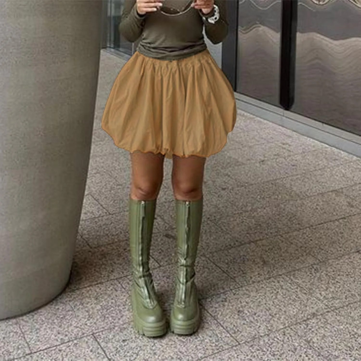 Y2k Bubble Mini Skirt Women Pleated Ruffle Hem High Elastic Waist Short Skirt Aline Balloon Puffy Beach Mini Skirt