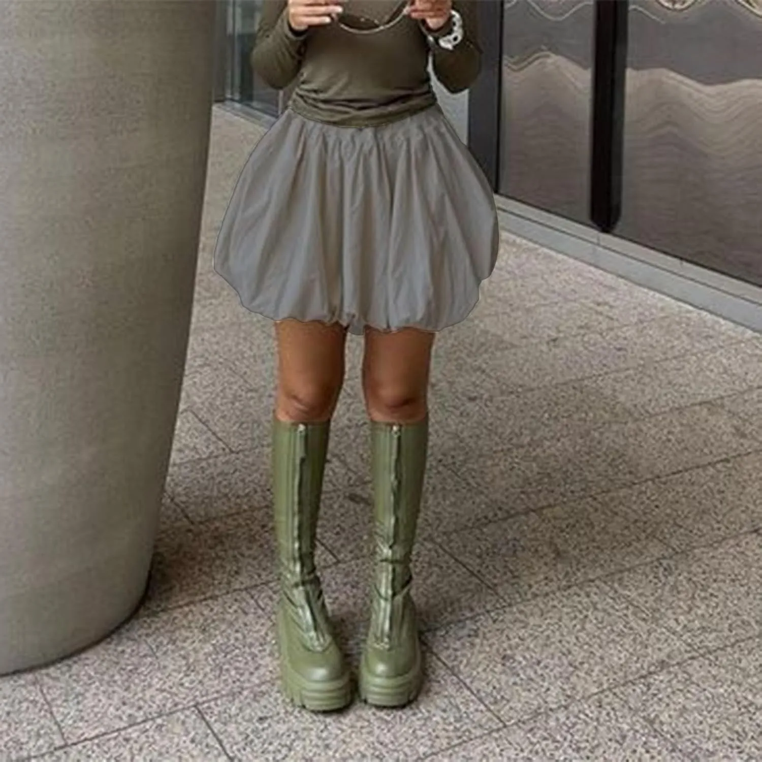 Y2k Bubble Mini Skirt Women Pleated Ruffle Hem High Elastic Waist Short Skirt Aline Balloon Puffy Beach Mini Skirt