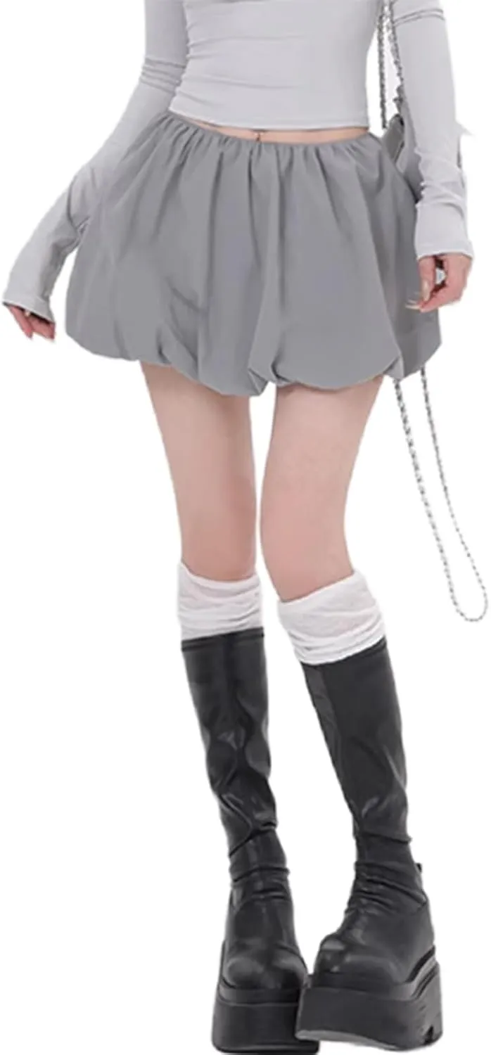 Y2k Bubble Mini Skirt Women Pleated Ruffle Hem High Elastic Waist Short Skirt Aline Balloon Puffy Beach Mini Skirt