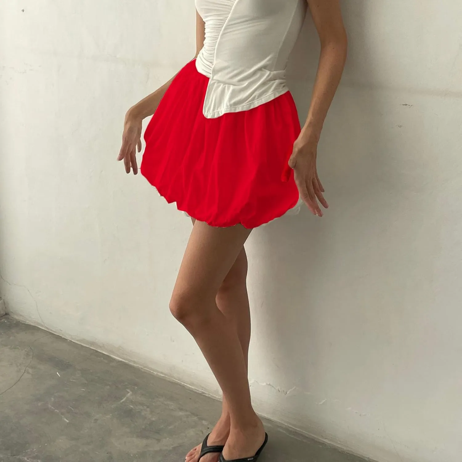 Y2k Bubble Mini Skirt Women Pleated Ruffle Hem High Elastic Waist Short Skirt Aline Balloon Puffy Beach Mini Skirt