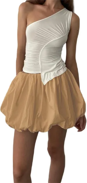 Y2k Bubble Mini Skirt Women Pleated Ruffle Hem High Elastic Waist Short Skirt Aline Balloon Puffy Beach Mini Skirt