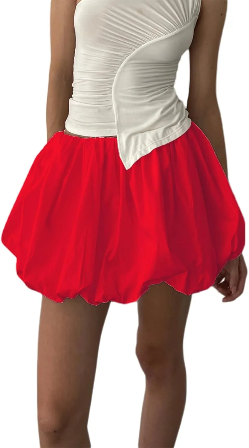 Y2k Bubble Mini Skirt Women Pleated Ruffle Hem High Elastic Waist Short Skirt Aline Balloon Puffy Beach Mini Skirt