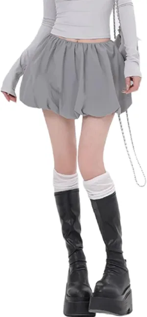 Y2k Bubble Mini Skirt Women Pleated Ruffle Hem High Elastic Waist Short Skirt Aline Balloon Puffy Beach Mini Skirt