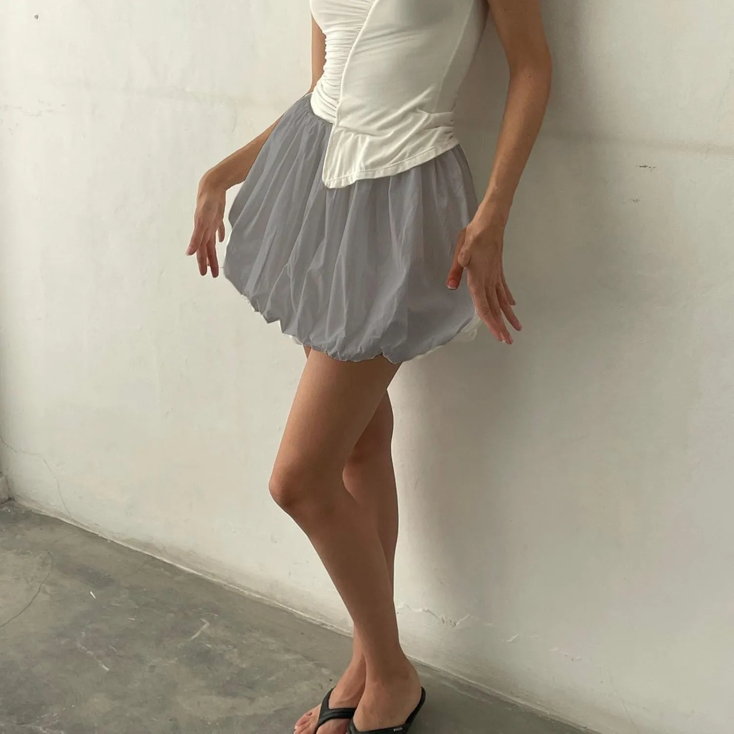Y2k Bubble Mini Skirt Women Pleated Ruffle Hem High Elastic Waist Short Skirt Aline Balloon Puffy Beach Mini Skirt
