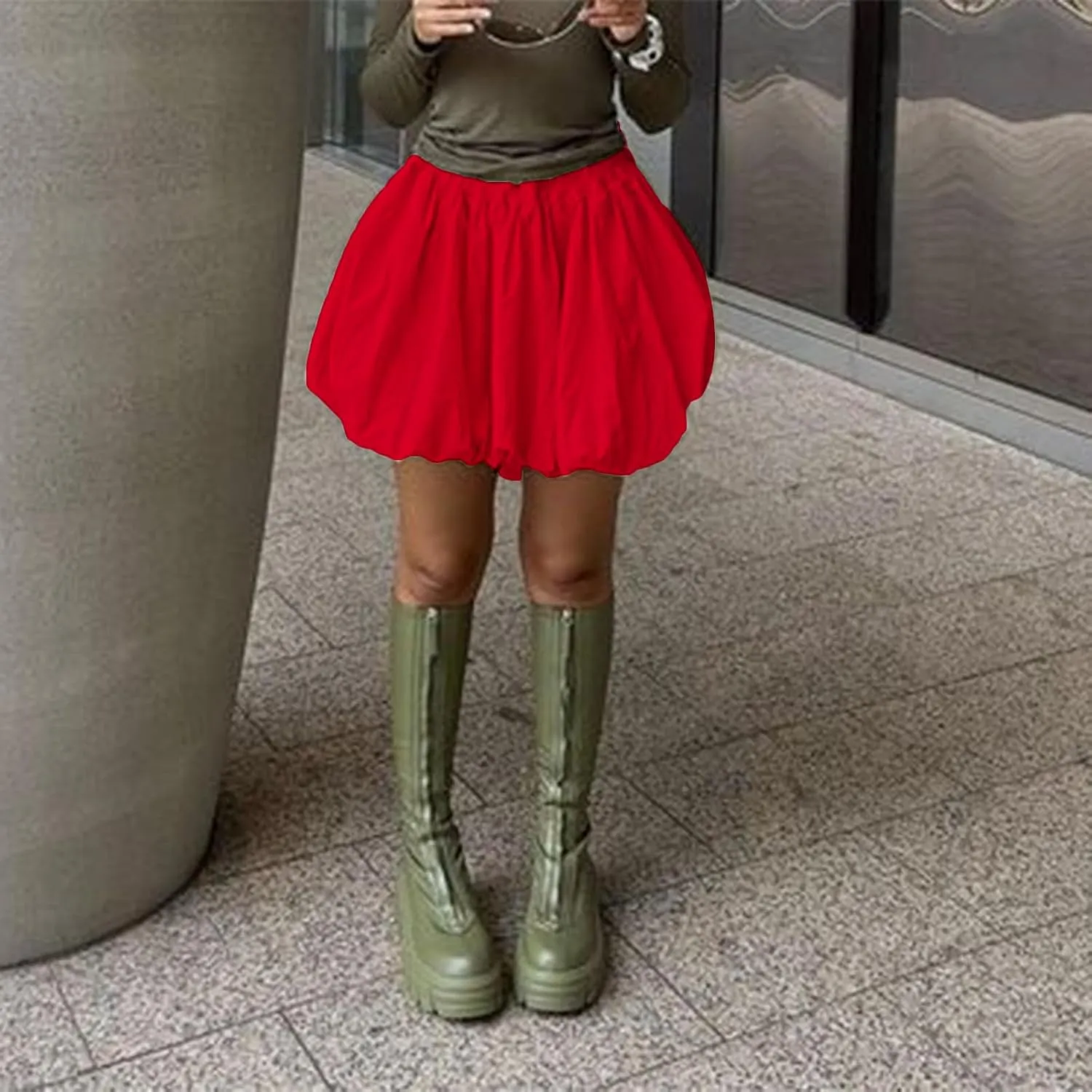 Y2k Bubble Mini Skirt Women Pleated Ruffle Hem High Elastic Waist Short Skirt Aline Balloon Puffy Beach Mini Skirt