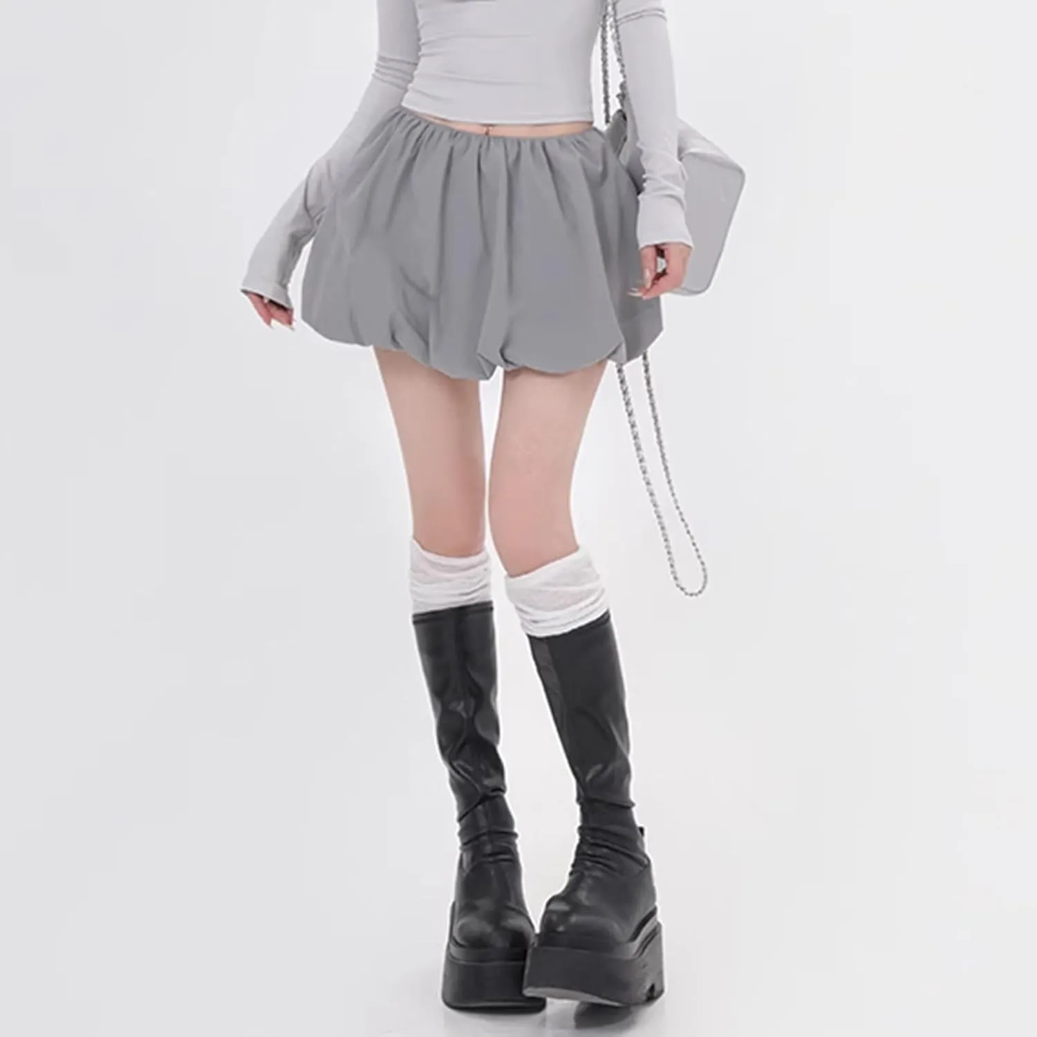 Y2k Bubble Mini Skirt Women Pleated Ruffle Hem High Elastic Waist Short Skirt Aline Balloon Puffy Beach Mini Skirt