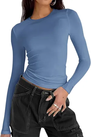 Zeagoo Women Y2K Crewneck Long Sleeve Slim Fit T Shirt Going Out Fall Fashion Basic Tops