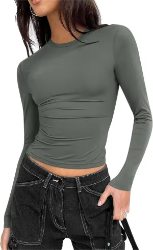 Zeagoo Women Y2K Crewneck Long Sleeve Slim Fit T Shirt Going Out Fall Fashion Basic Tops