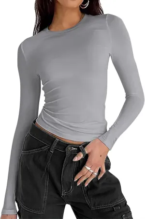 Zeagoo Women Y2K Crewneck Long Sleeve Slim Fit T Shirt Going Out Fall Fashion Basic Tops