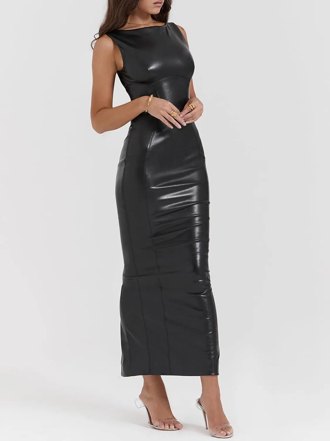 Zebaexf Women's Faux PU Leather Bodycon Dress
