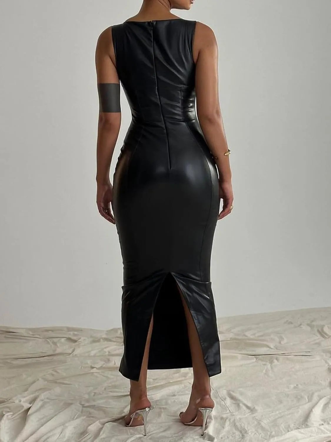 Zebaexf Women's Faux PU Leather Bodycon Dress