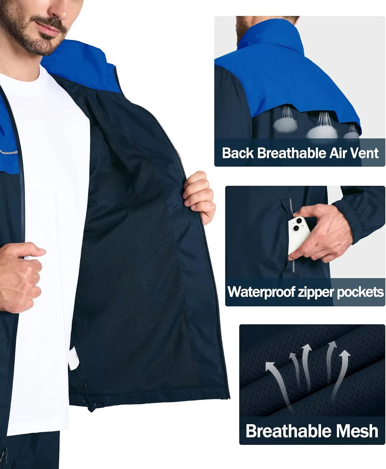 ZITY Men's Rain Jacket Waterproof with Hood Lightweight Windbreaker Jacket for Men Breathable Mesh Raincoat for Hiking Golf