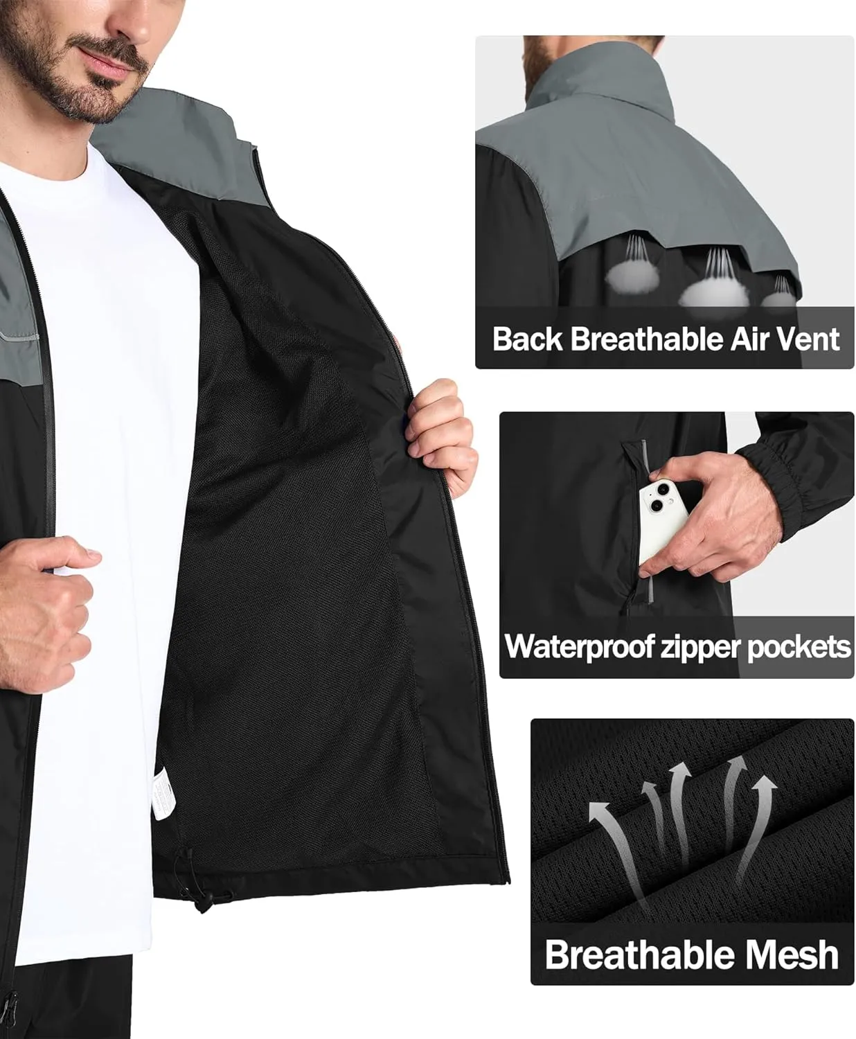ZITY Men's Rain Jacket Waterproof with Hood Lightweight Windbreaker Jacket for Men Breathable Mesh Raincoat for Hiking Golf