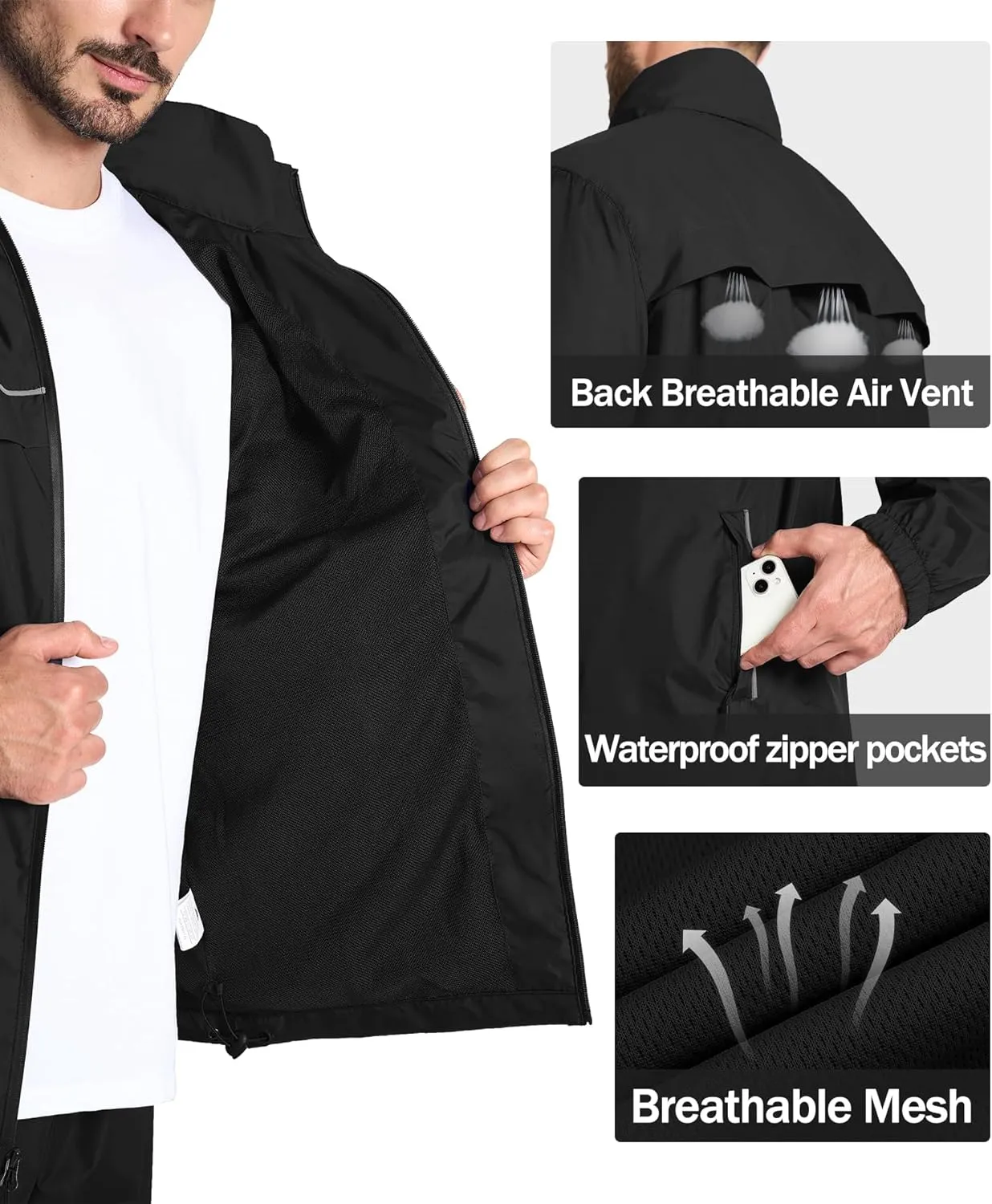 ZITY Men's Rain Jacket Waterproof with Hood Lightweight Windbreaker Jacket for Men Breathable Mesh Raincoat for Hiking Golf