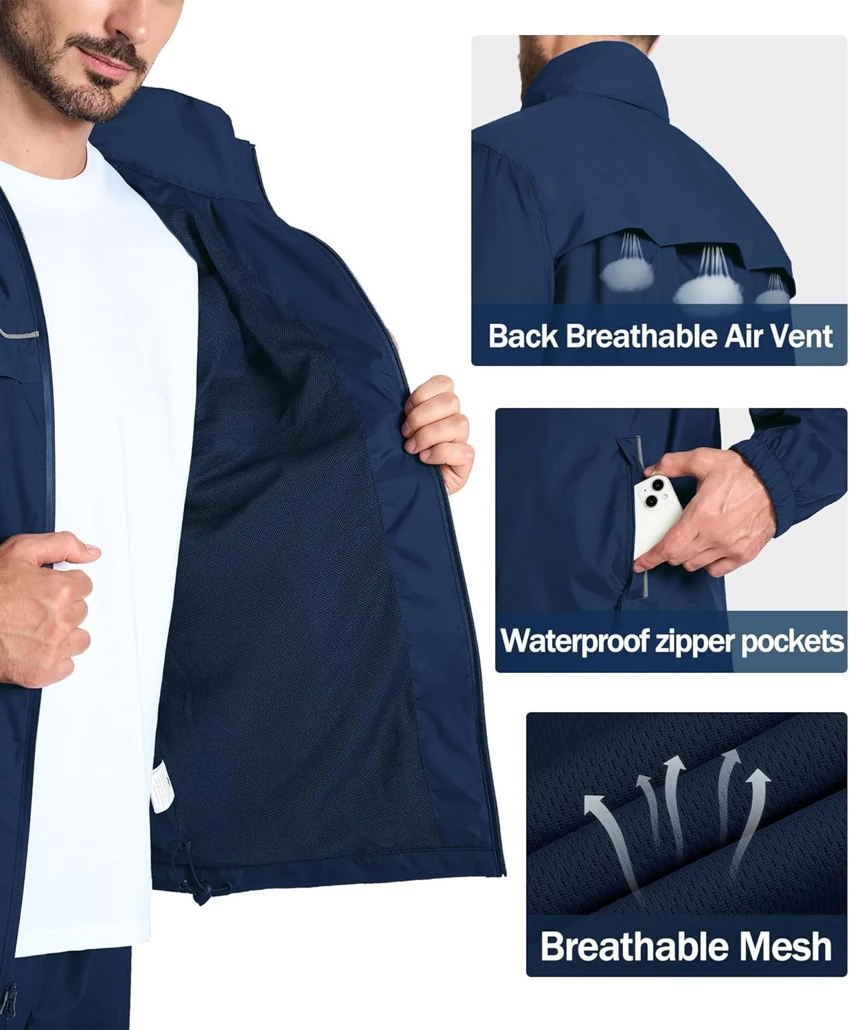 ZITY Men's Rain Jacket Waterproof with Hood Lightweight Windbreaker Jacket for Men Breathable Mesh Raincoat for Hiking Golf