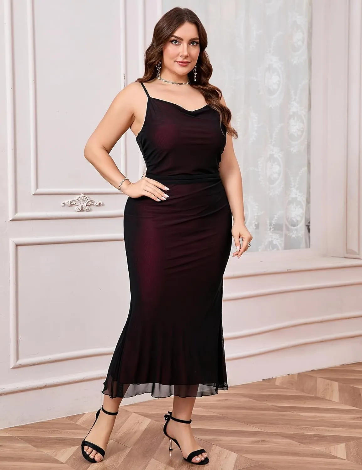 ZOMVA Plus Size Ruched Mesh Dress Mermaid Spaghetti Strap Bodycon Sleeveless Cami Dresses Cocktail Party Wedding Guest