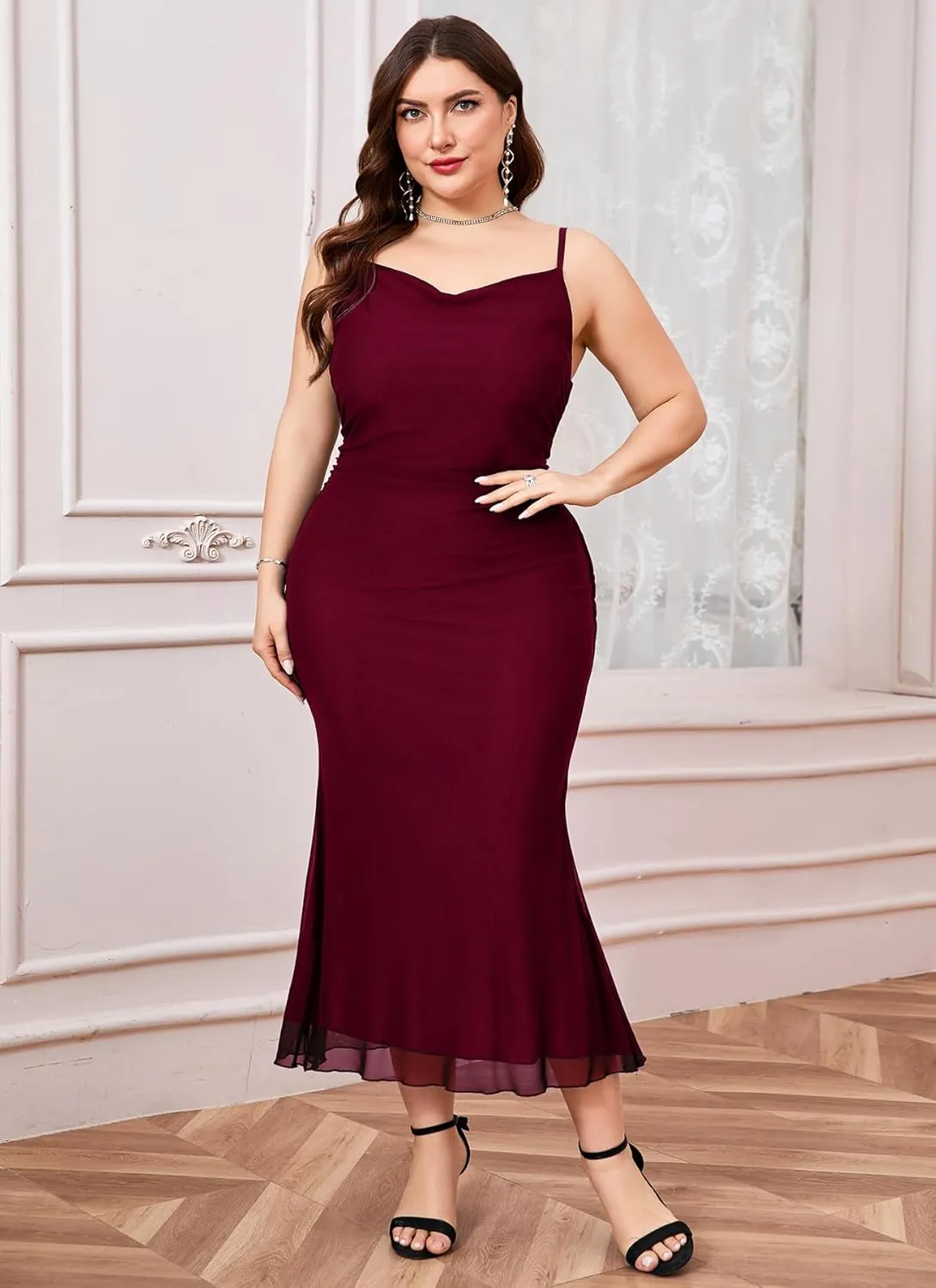 ZOMVA Plus Size Ruched Mesh Dress Mermaid Spaghetti Strap Bodycon Sleeveless Cami Dresses Cocktail Party Wedding Guest