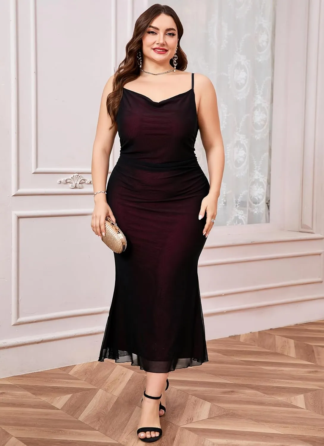 ZOMVA Plus Size Ruched Mesh Dress Mermaid Spaghetti Strap Bodycon Sleeveless Cami Dresses Cocktail Party Wedding Guest