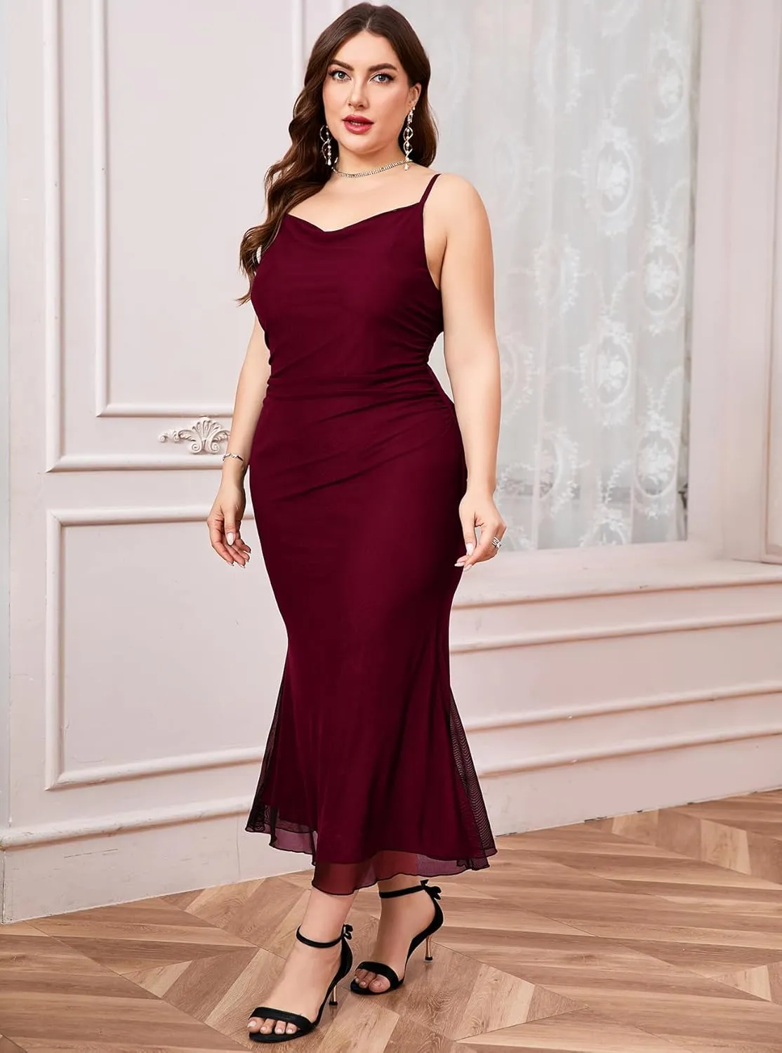 ZOMVA Plus Size Ruched Mesh Dress Mermaid Spaghetti Strap Bodycon Sleeveless Cami Dresses Cocktail Party Wedding Guest