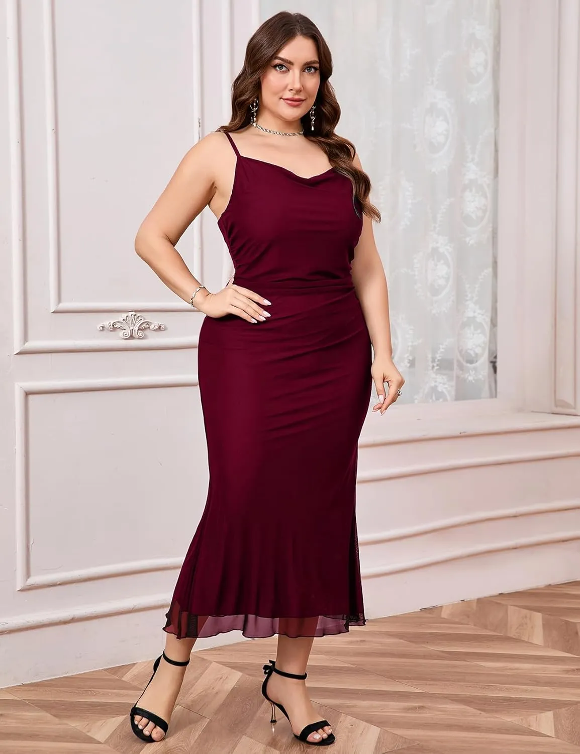 ZOMVA Plus Size Ruched Mesh Dress Mermaid Spaghetti Strap Bodycon Sleeveless Cami Dresses Cocktail Party Wedding Guest