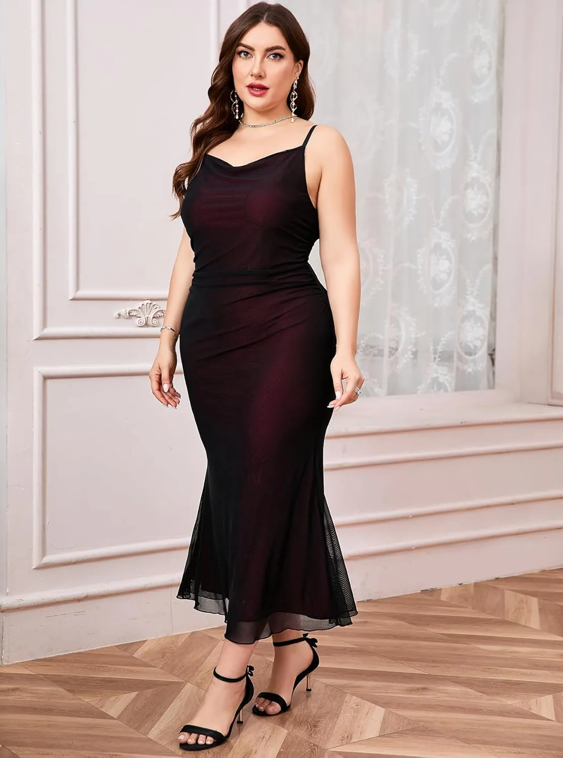 ZOMVA Plus Size Ruched Mesh Dress Mermaid Spaghetti Strap Bodycon Sleeveless Cami Dresses Cocktail Party Wedding Guest